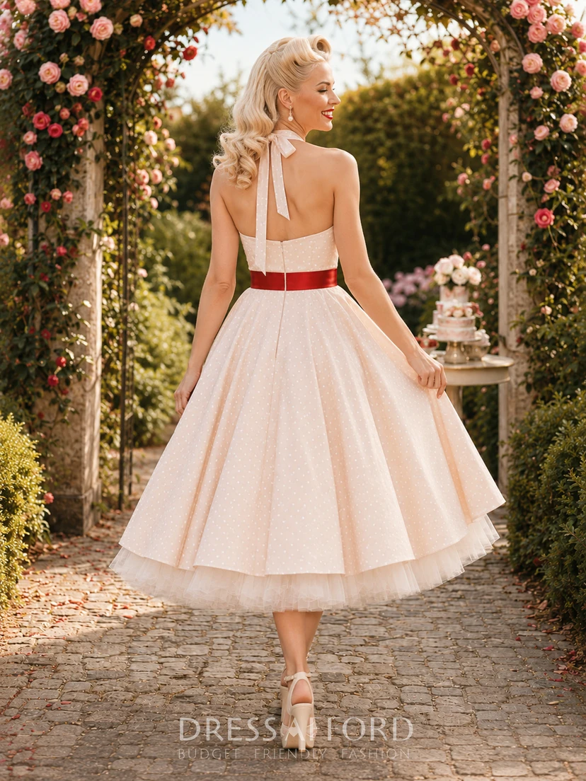 halter rockabilly dress Polka Dot Petticoat Garden Bridal 55% Linen 47% Rayon 3% Spandex