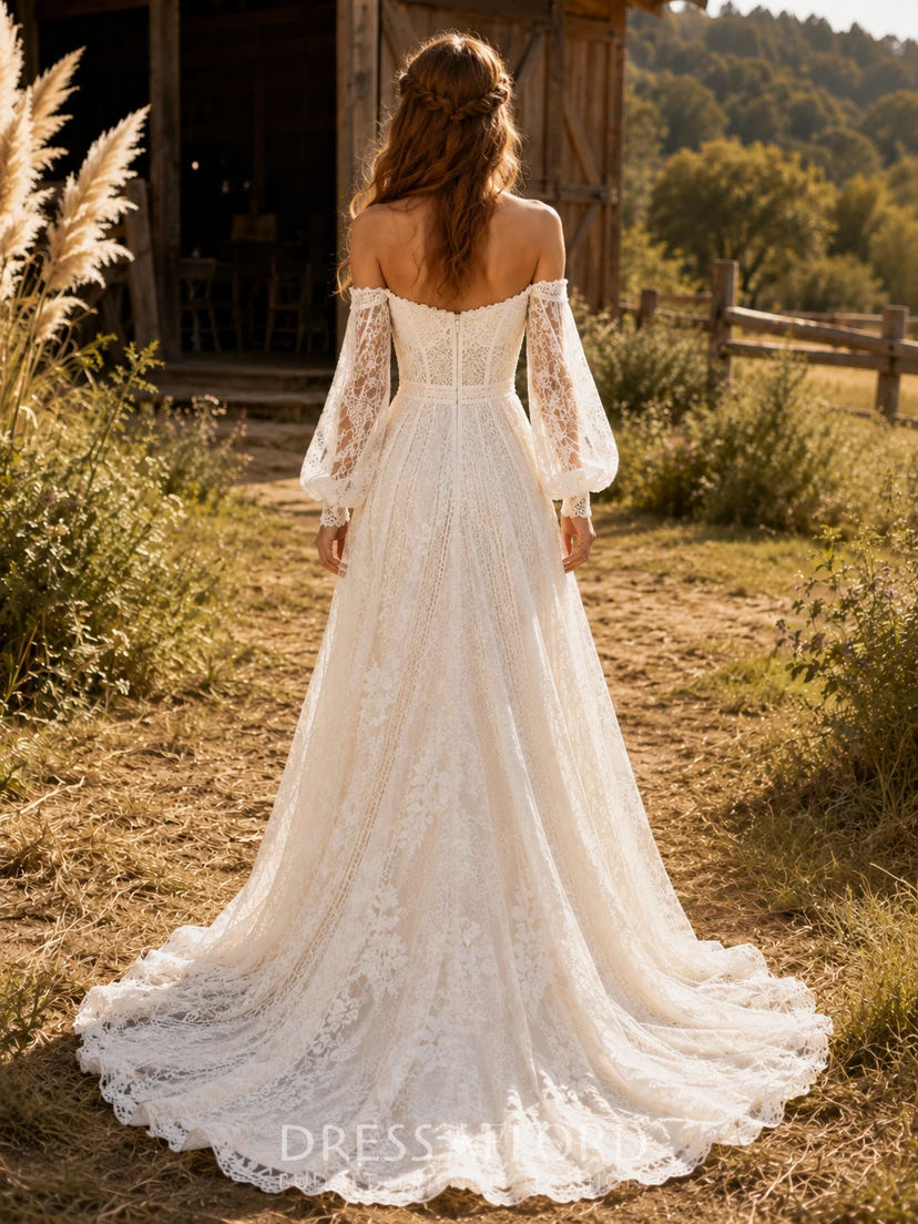 boho off shoulder wedding dress Lace Bell Sleeve A-Line (725751) Color:White N Black Polka Dot amazon blue dresses Sequin smocking Sleeves and modern comfort
