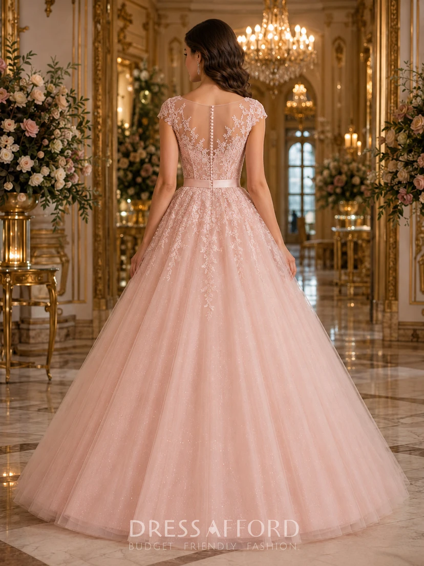 Robe de bal en tulle et dentelle rose poudré à manches courtes pour quinceañera view 2