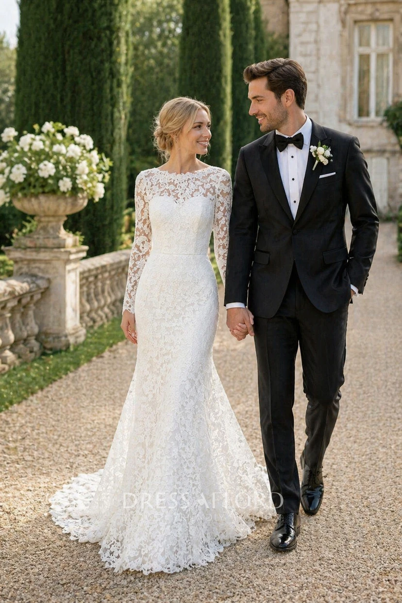Elegantes Meerjungfrauen-Brautkleid aus Spitze mit U-Boot-Ausschnitt und V-Rücken view 3