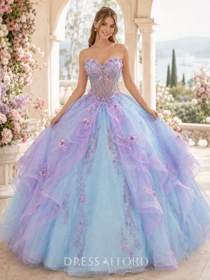 Sky Blue Lilac Luxury Strapless Sweetheart Layered Ombre Quinceanera Princess Ball Gown (347678)