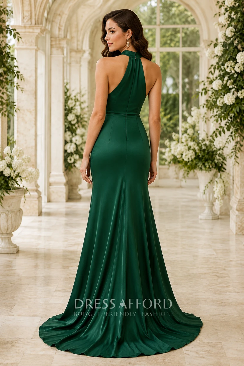 green halter formal dress Plus Size Dark Satin Sheath with Front Split (338490) green halter dress short
