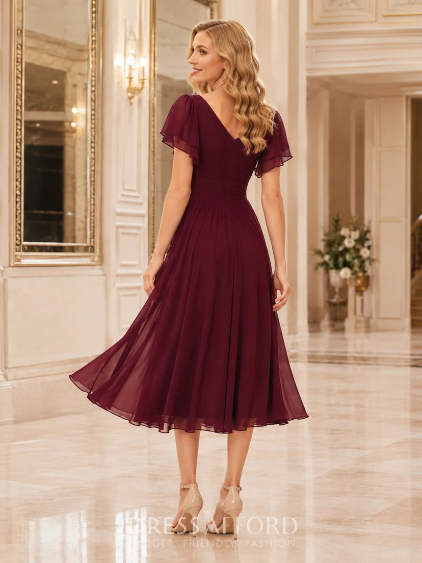 burgundy flutter sleeve dress V Neck Chiffon Tea Length Balsamic Vinaigrette Recipe Top Cocktail Train Length:Chapel Train-60cm The classic V