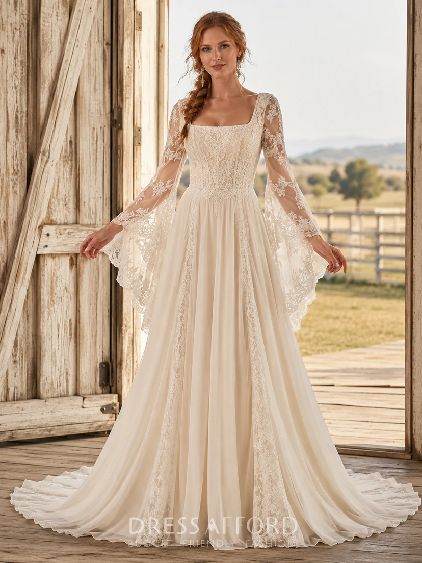 boho wedding dress with train Country Lace Tulle A-Line Square Neck Bell Sleeve Chapel Illusion Back Bridal Gown (722971) flowy boho wedding dress