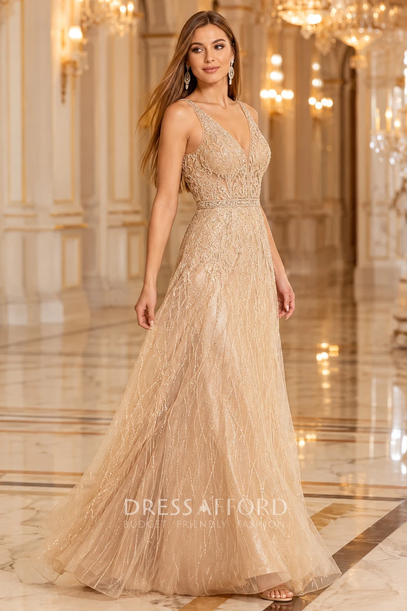 plus size formal dresses champagne Sequin A-Line Gown with V-Neck Beaded Bodice and Glitter Tulle Skirt (338335) Due to the many