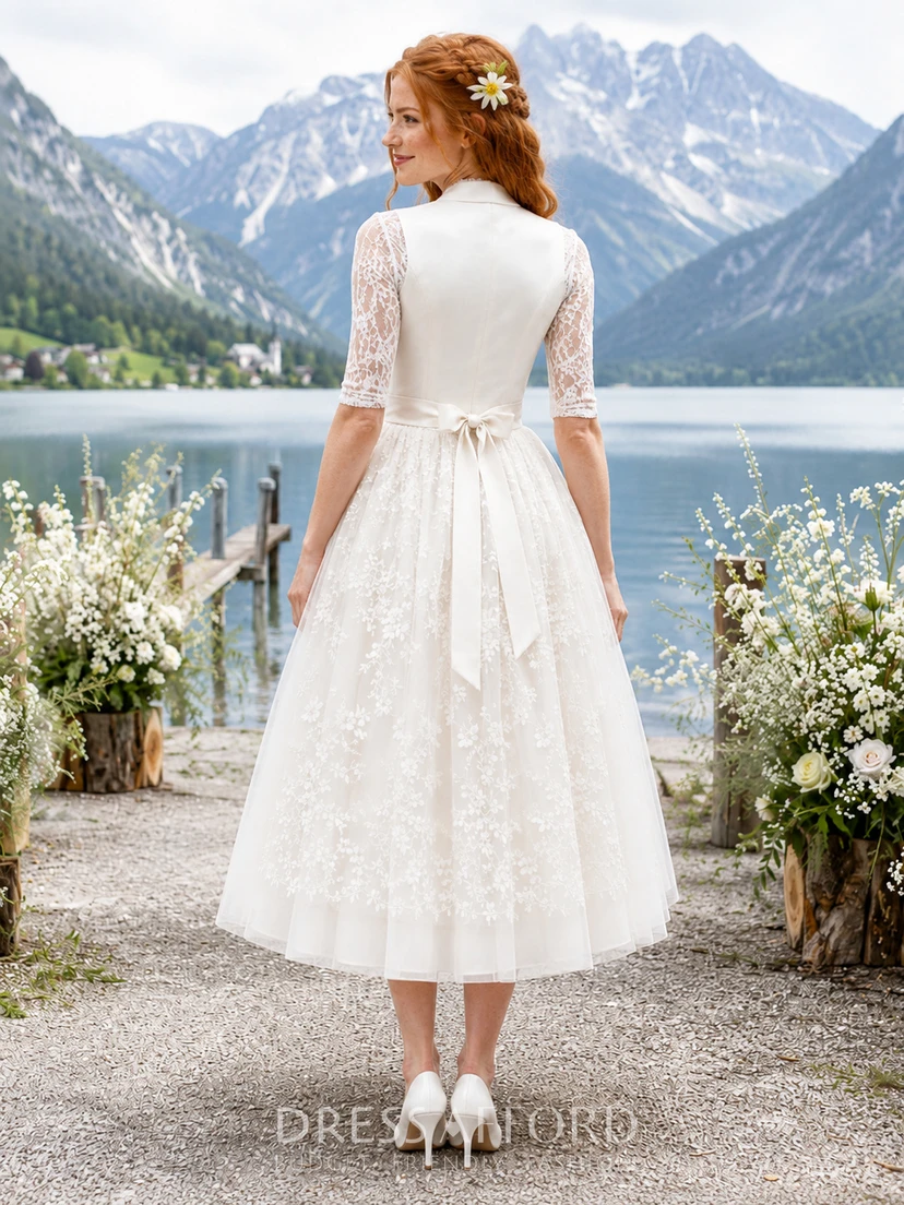 short ivory bridesmaid dresses Square Neck Knee-Length Lace Half Sleeve Wedding Dress Ivory Bridesmaid Dresses classy elegant short wedding dresses