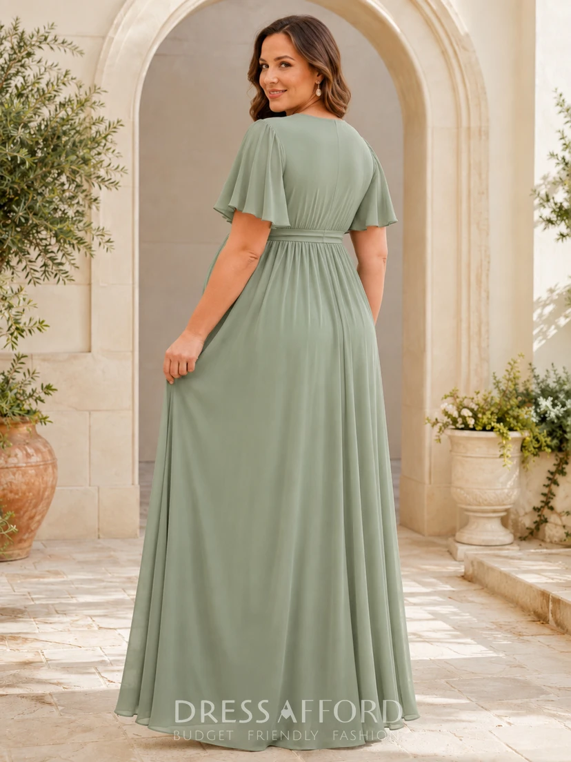 sage plus size formal dress Maternity V-Neck Flutter Sleeve Chiffon Empire Floor-Length (348413) The round neckline and