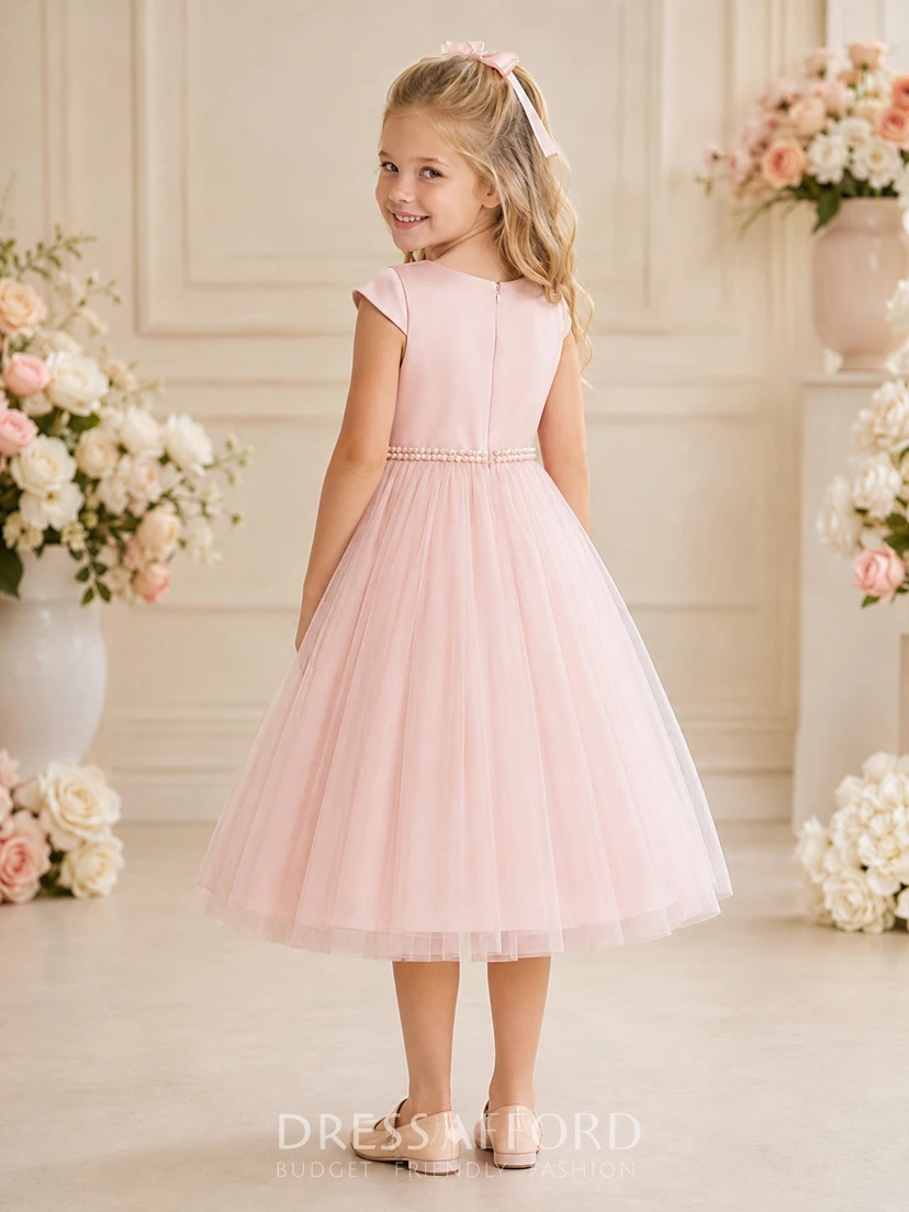 Blush Flower Girl Dress Classic Tea-Length A-Line Cap Sleeve Satin Tulle Pearl Beaded Waist (406802)