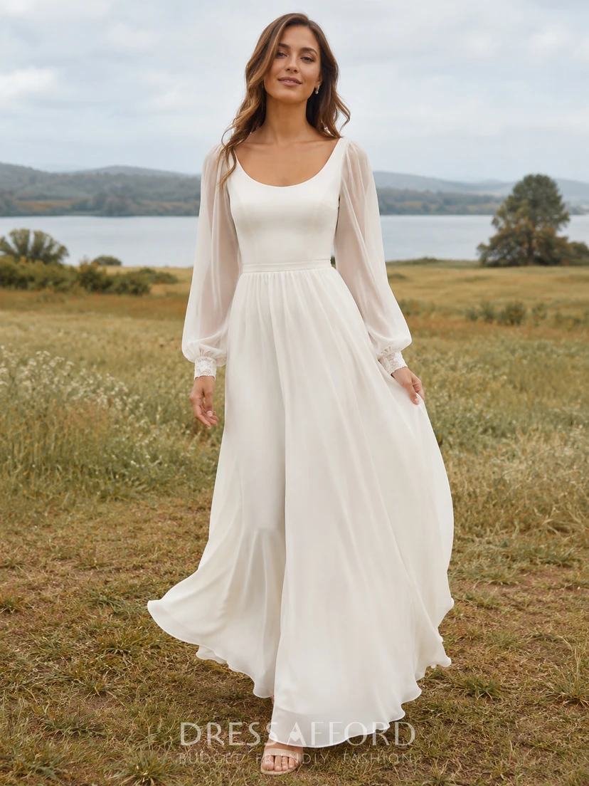 boho simple dress Modest Scoop Neck Long Poet Sleeve Chiffon A-Line Wedding (727564) Whether you are dressing