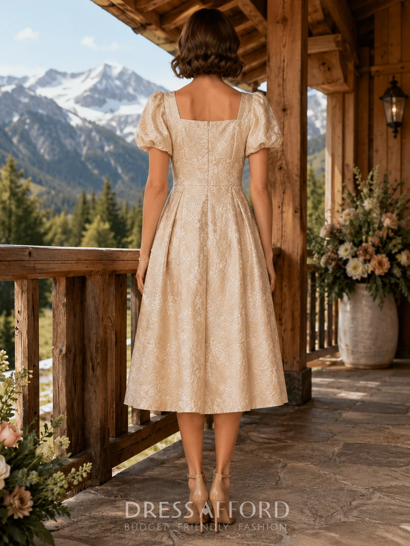 square neck champagne dress Mountain Lodge Lace Jacquard A-Line Tea-Length Puff Sleeve neckline_halter Puff Sleeves Short Sleeves Royal Blue Sweetheart Strapless Champagne formal dresses Size:9-12M