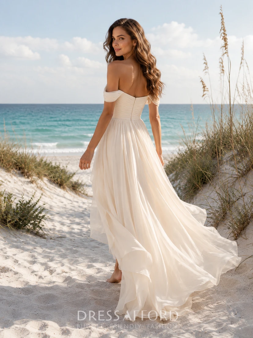 Off Shoulder Chiffon High Low Beach Wedding Dress