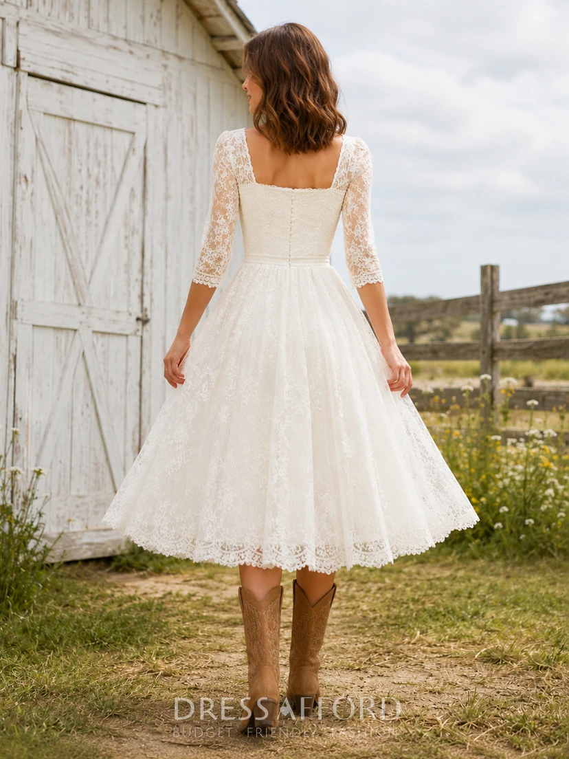 Barn Country Simple Romantic Casual A-Line Lace Tulle Wedding Dress with Square Neck Three-Quarter Sleeve Tea-Length view 2