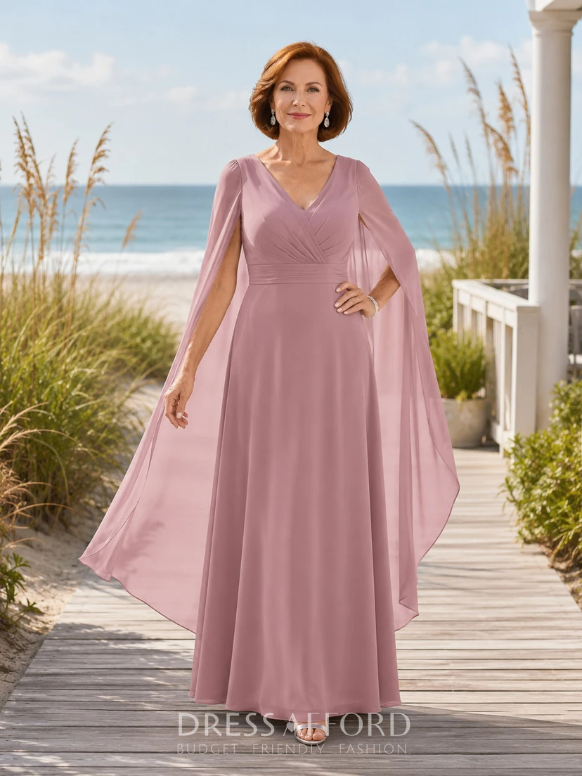 dusty rose beach dress Romantic V-Neck Sleeveless Chiffon Cape A-Line Floor-Length Destination Mother of the Bride Gown Bust 38 group:K1042 How to Choose a Size:ONE