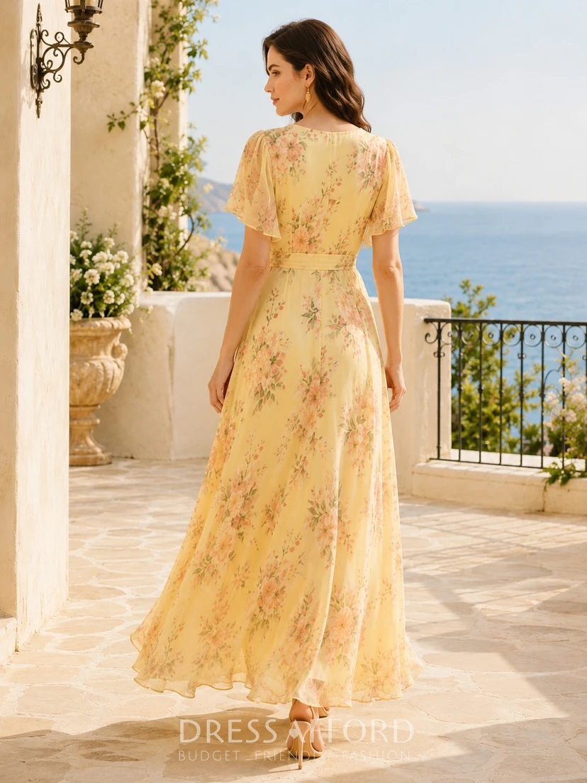 Daffodil Floral Chiffon V-Neck Flutter Sleeve A-Line Floor-Length Romantic Garden Dress view 2