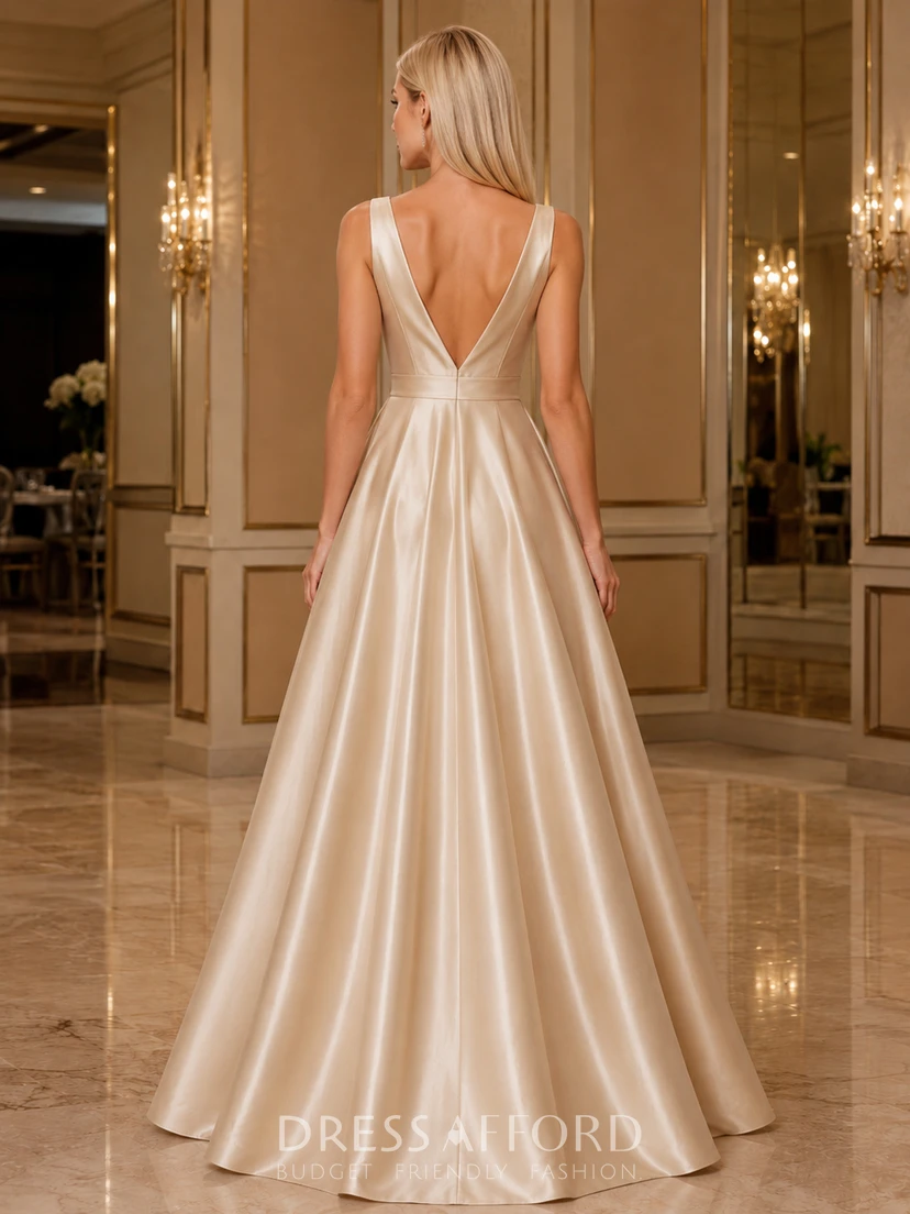 Champagne V-neck sleeveless satin A-line formal prom gown view 2