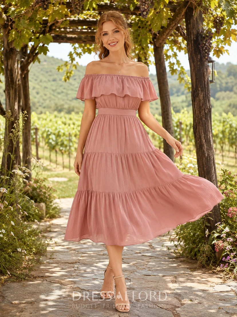 Dusty Rose Rustic Vineyard Wedding Guest Bridesmaid Cocktail Formal Dress A-Line Tea-Length Off-Shoulder Sleeveless Chiffon Ruffle Trim Tiered Skirt Zipper Back