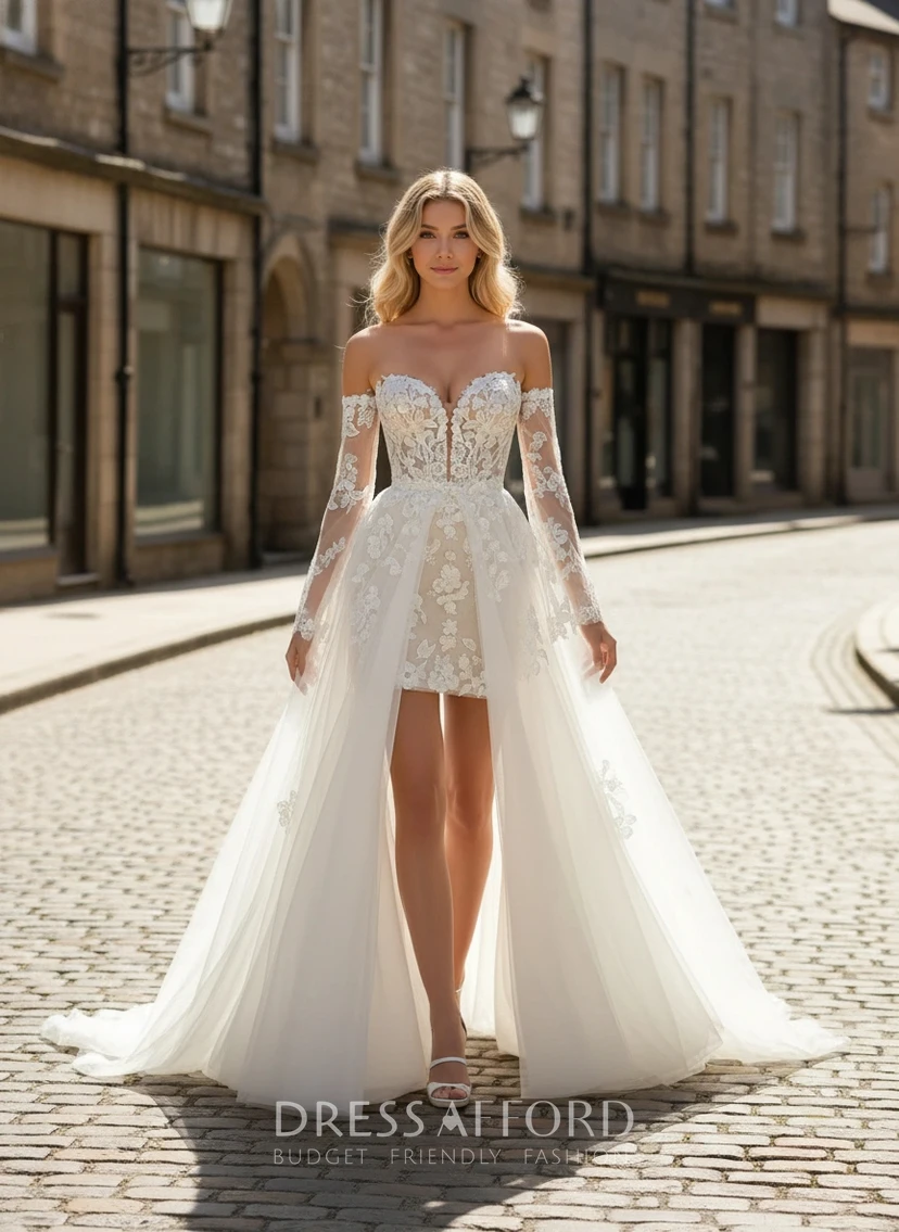 Long Sleeve Lace Wedding Dress with High-Low Hemline