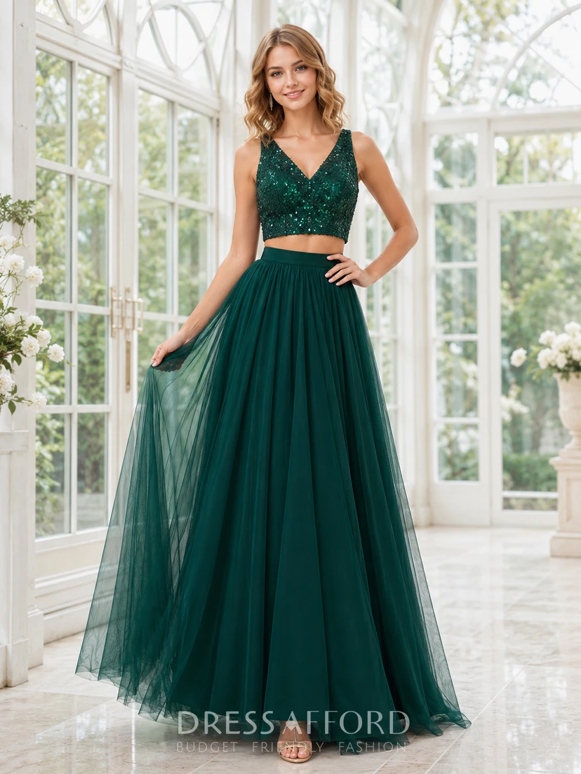 Luxury Dark Green Sequin Prom Two Piece Ball Gown Floor Length V Neck (348924)