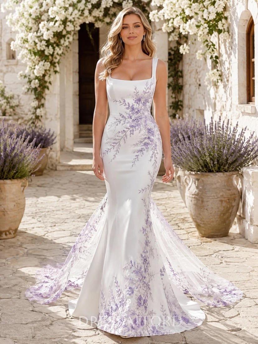 lavender bridal dresses Floral Mermaid Satin Dress Square Neck Sleeveless Chapel Train (732237) romantic touch Illusion bodice Size:12p Light purple gown independence day outfit STYLING SWEATER DRESSES FOR