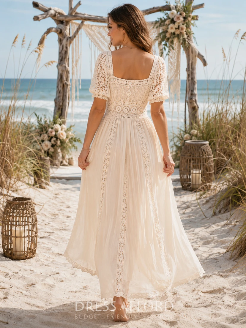 Square Neck Crochet Sleeve Tea Length Beach Wedding Dress