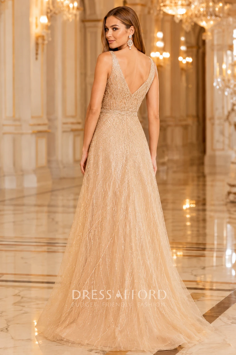 champagne sequin formal dress Plus Size A-Line Gown with V-Neck Beaded Bodice and Glitter Tulle Skirt (338335) high-low cocktail dresses