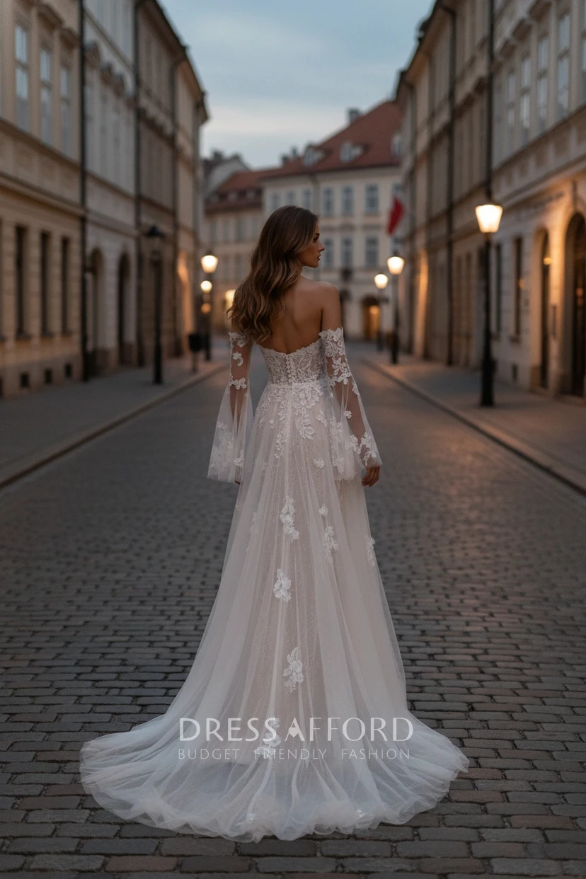 Long Sleeve Lace Wedding Dress with High-Low Hemline view 2
