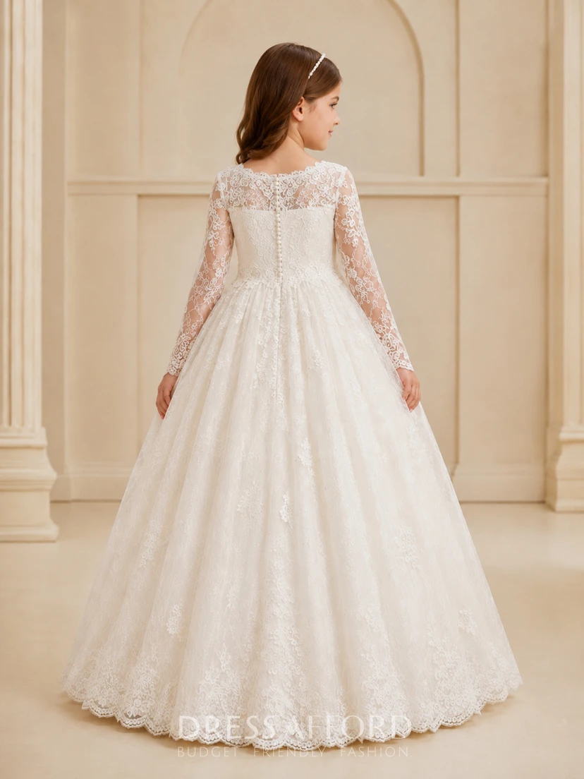 Luxury Bateau Long Lace Sleeve Floor Length Communion Ball Gown view 2