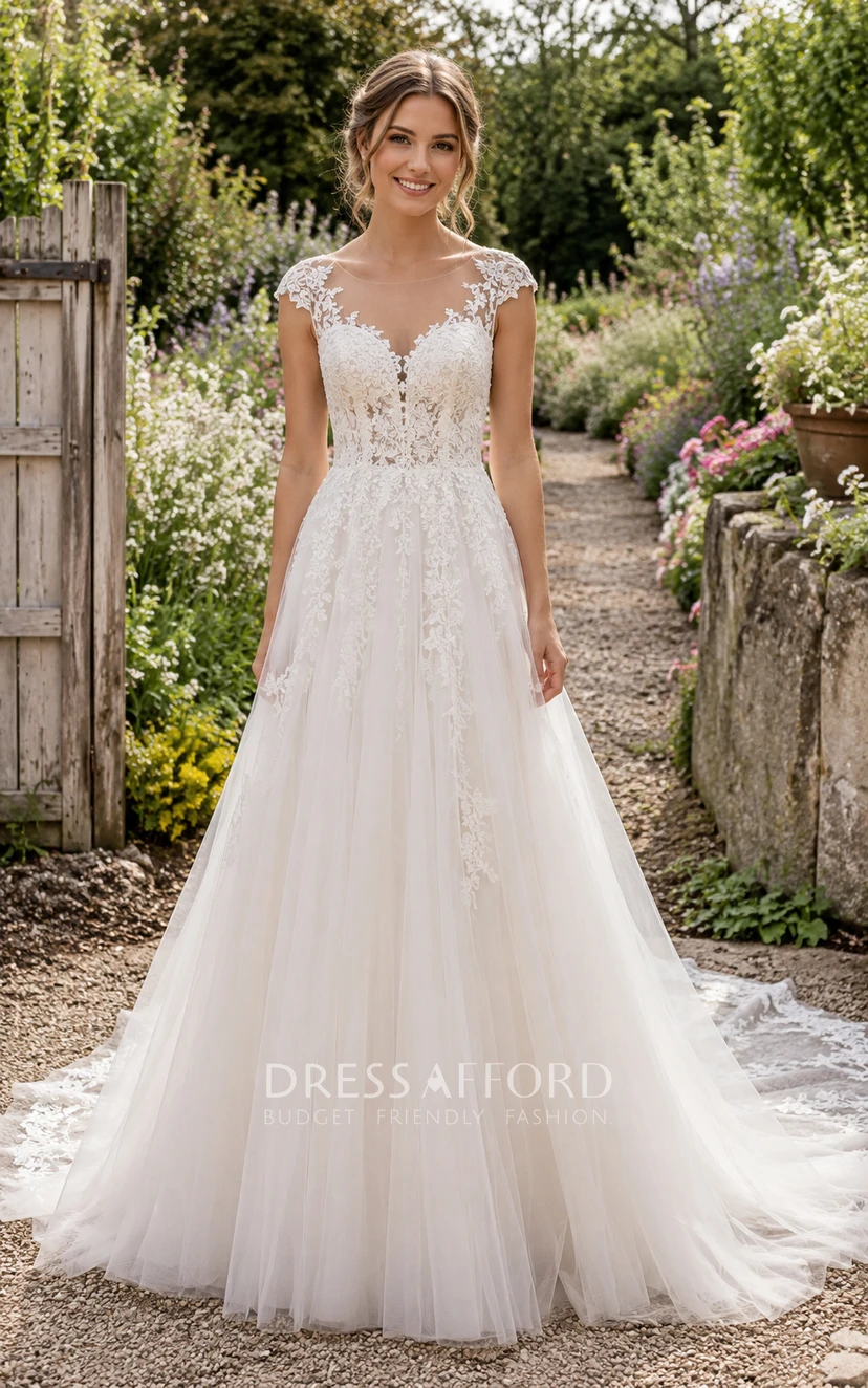 Illusion Cap Sleeve A-Line Lace Country Wedding Dress with Tulle Train