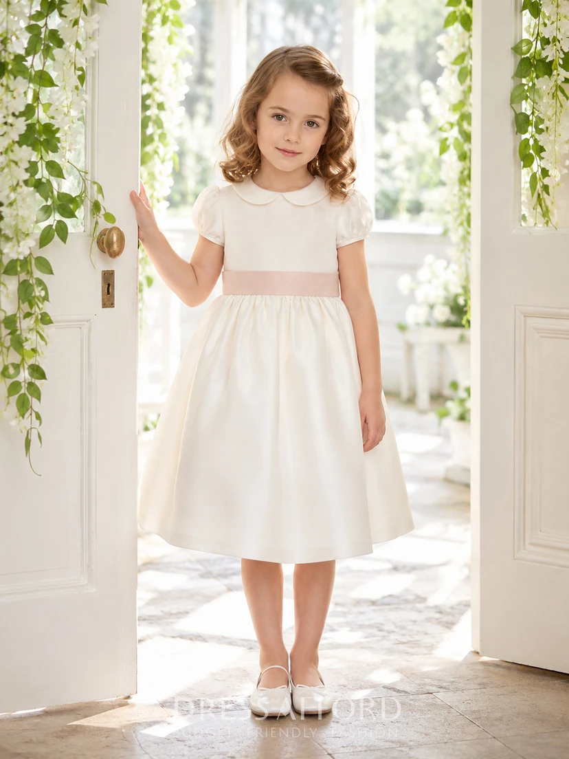 Ivory Satin A-Line Flower Girl Dress with Blush Bow Back and Tea-Length Skirt