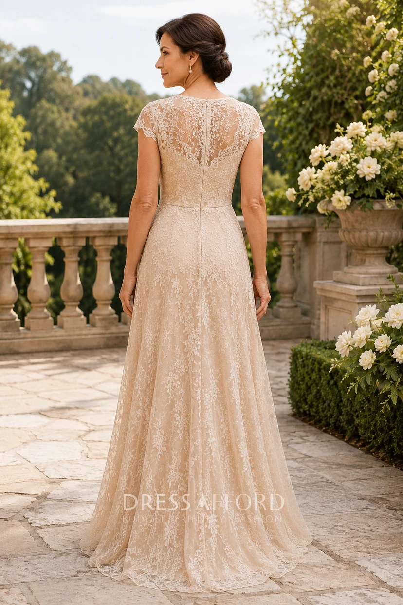 Champagne V-Neck Lace A-Line Mother Dress and Cap Sleeves view 2