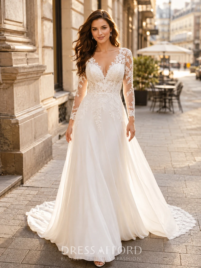 Boho Chiffon Lace Wedding Dress A-Line V-Neck Long Sleeve Court Train Bridal Gown