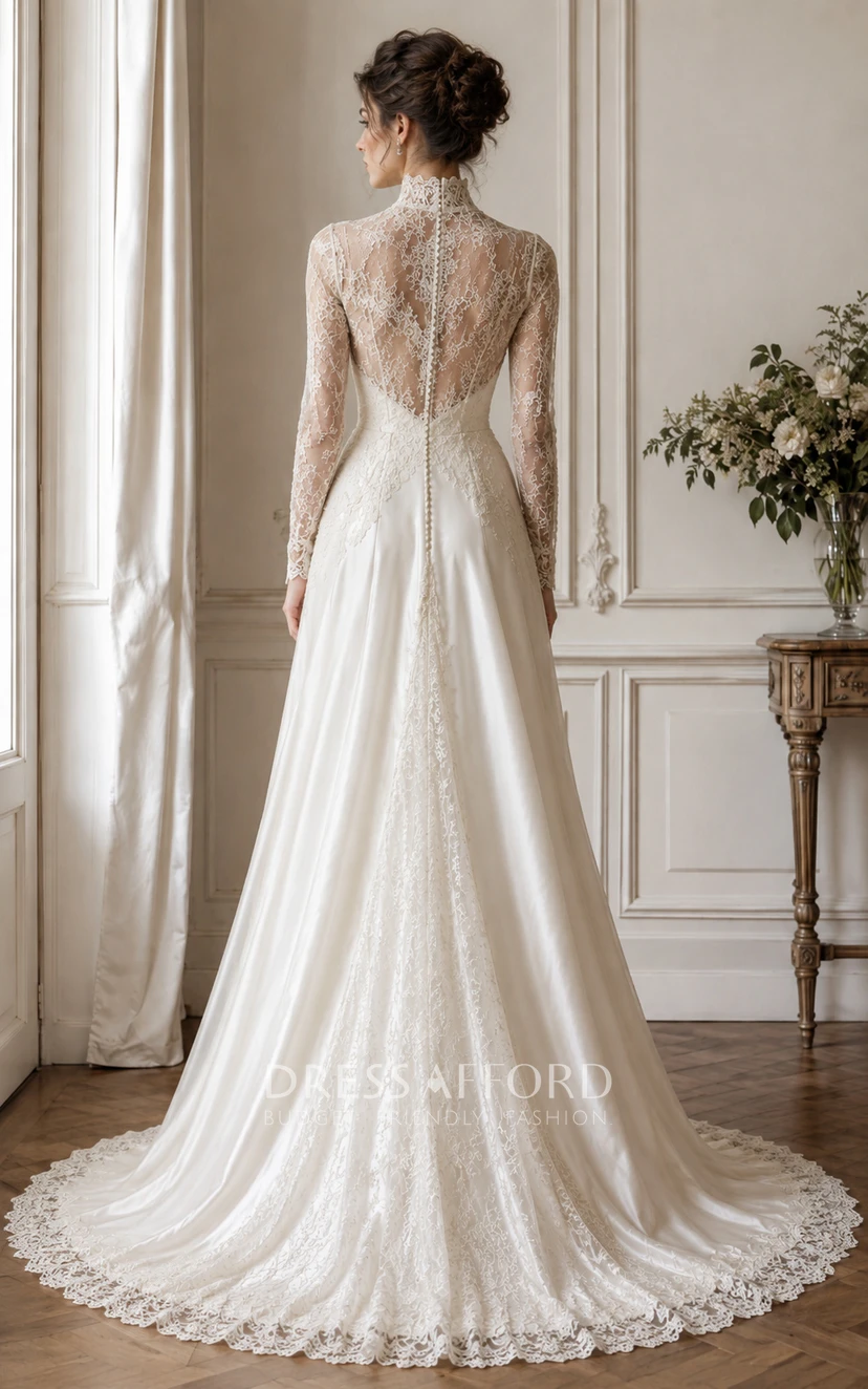 High Neck Long Sleeve Lace A-Line Vintage Wedding Dress (719190)