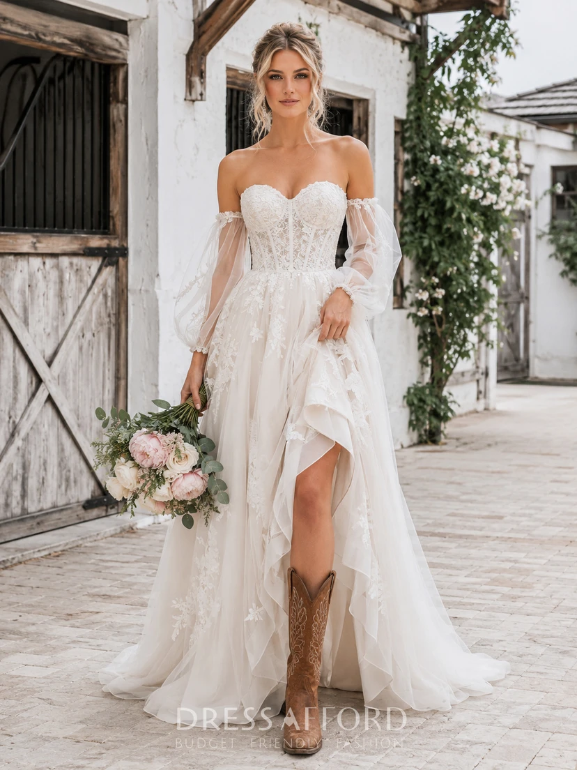 boho split dress Rustic Country Romantic A-Line Lace Tulle Wedding with Off Shoulder Sweetheart Puff Sleeves Long Sleeve Floor-Length Train Skirt romantic gypsy boho dresses