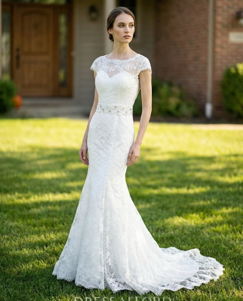 Cap Sleeve Modest Sheath Gown with Beaded Belt