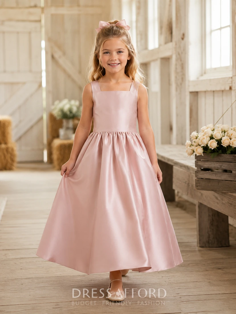Blush Satin Square Neck Tea-Length A-Line Flower Girl Rustic Country Wedding Dress With Bow (405767)
