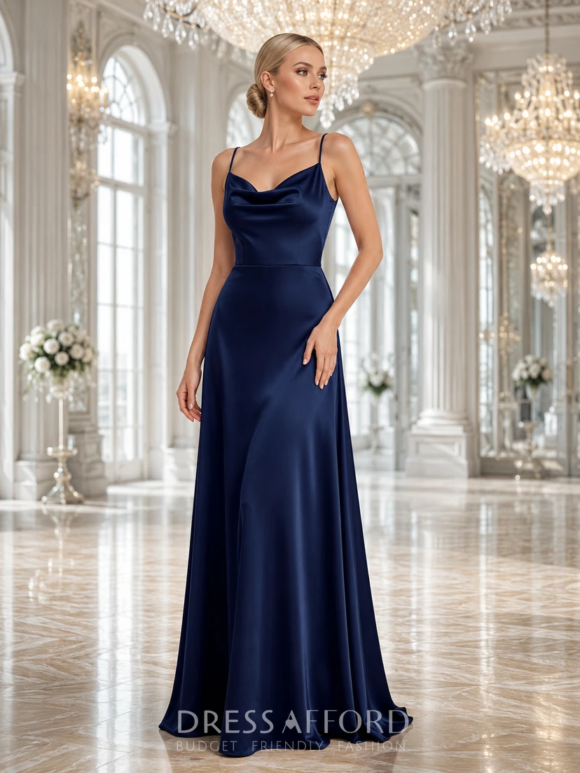 ballroom bridesmaid dresses Grand Formal Dark Navy Simple Elegant Modern Sheath Satin Dress with Cowl Neck Spaghetti Straps Sleeveless Floor-Length Draped Open Back Strap Back (109189) Strapless Size:9yrs nww ASOS LUXE - Oversized US2 Model Information