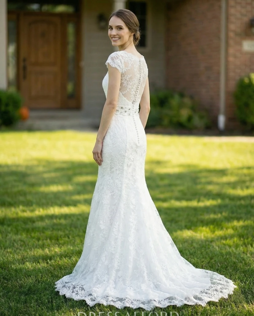 Cap Sleeve Modest Sheath Gown with Beaded Belt view 2