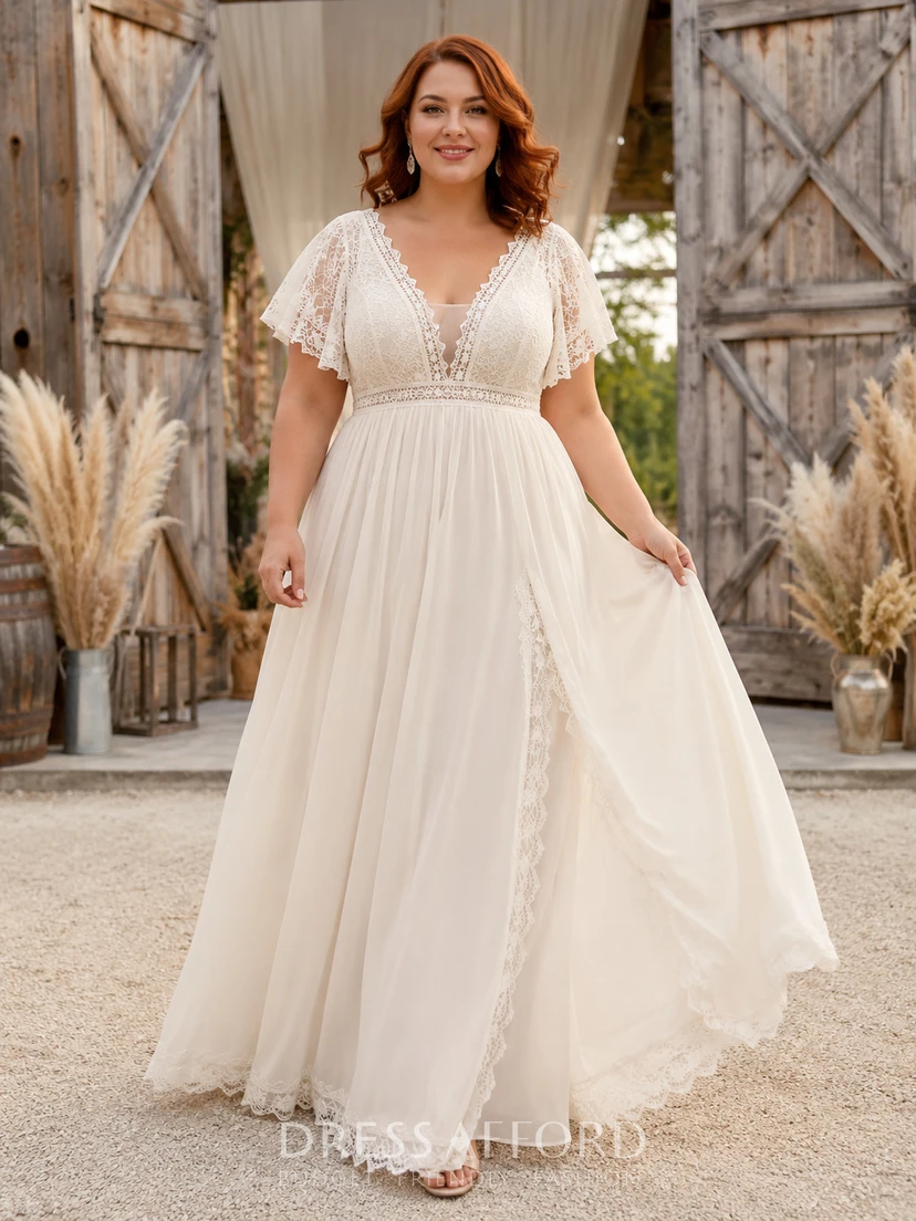 bohemian lace wedding dress plus size Country Boho Chiffon A-Line V-Neck Short Sleeve Floor Length Low V Back Bridal Gown (722901) plus size hippy wedding dress