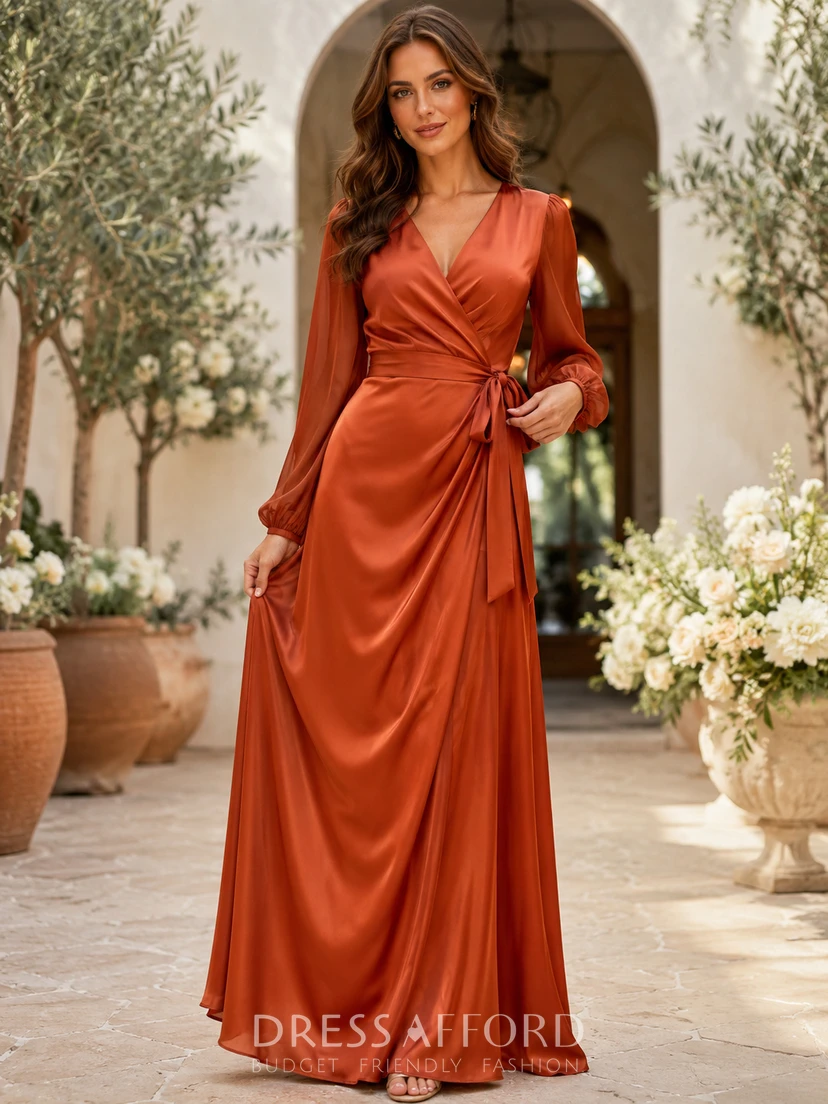 Burnt Orange V Neck Poet Sleeve Satin Wrap Guest Dress