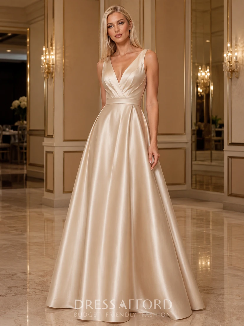 Champagne V-neck sleeveless satin A-line formal prom gown