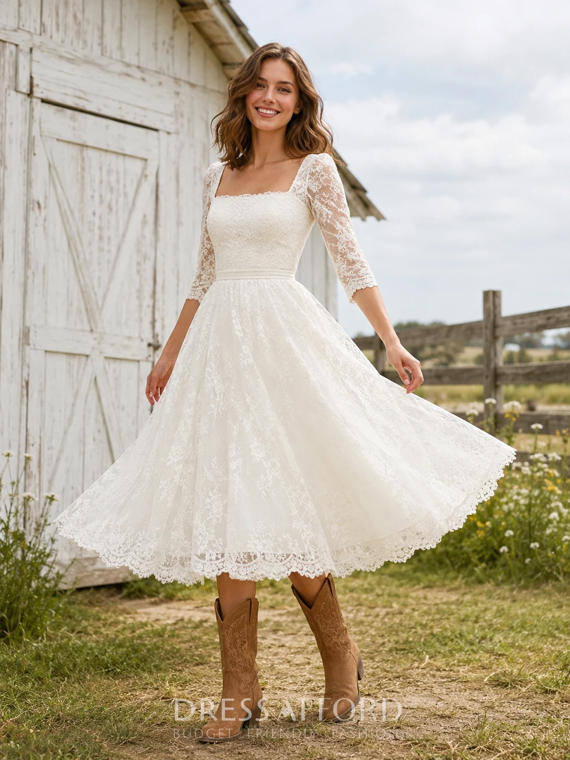 Barn Country Simple Romantic Casual A-Line Lace Tulle Wedding Dress with Square Neck Three-Quarter Sleeve Tea-Length
