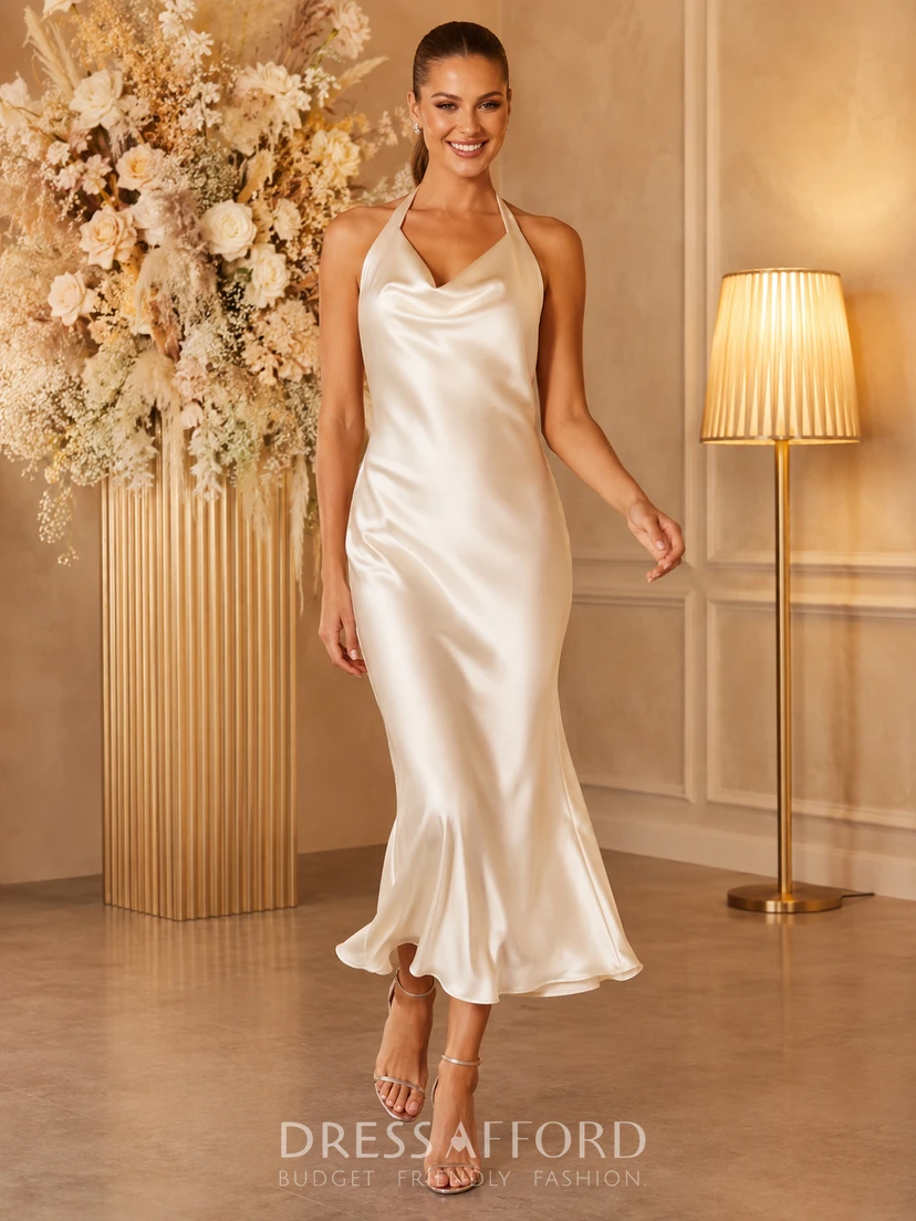 Halter Cowl Neck Satin Midi Sheath Engagement Party Dress