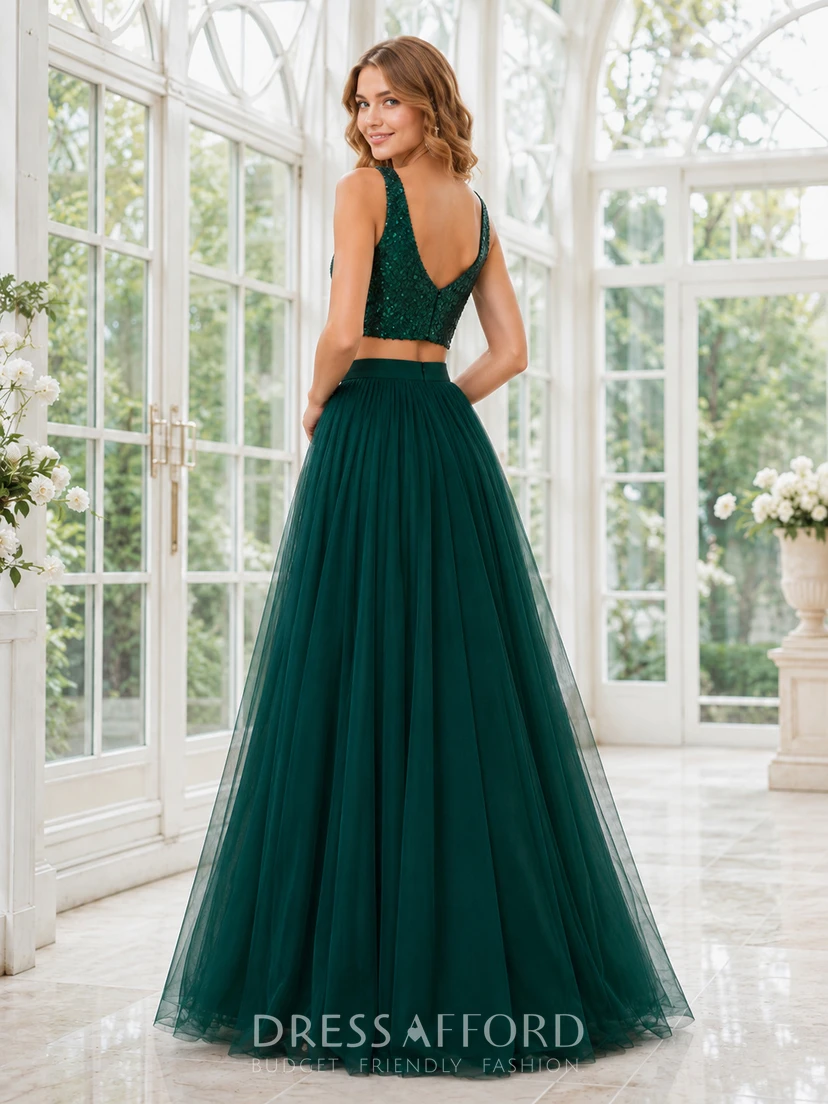 dark green sequin bridesmaid dress Luxury Prom Two Piece Ball Gown Floor Length V Neck (348924) Wedding attire