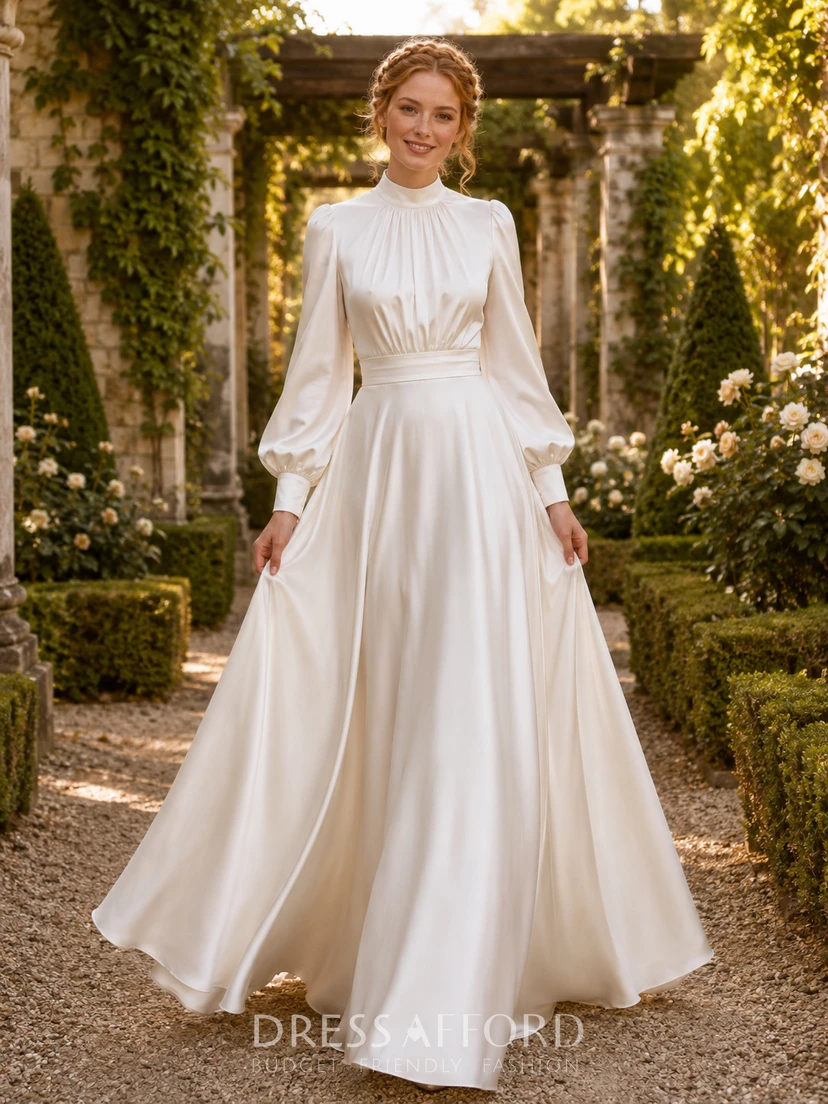 High Neck Poet Sleeve Satin Temple Garden Wedding Dress