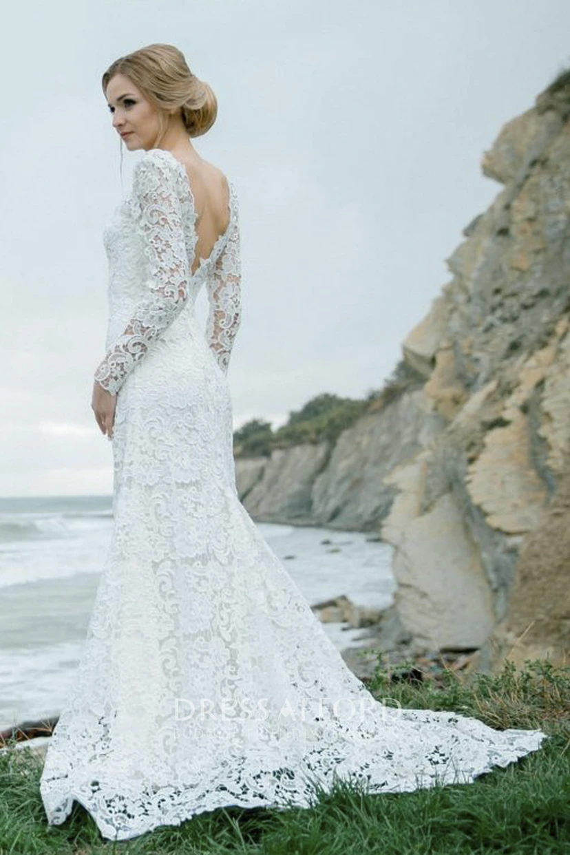 Elegantes Meerjungfrauen-Brautkleid aus Spitze mit U-Boot-Ausschnitt und V-Rücken view 6