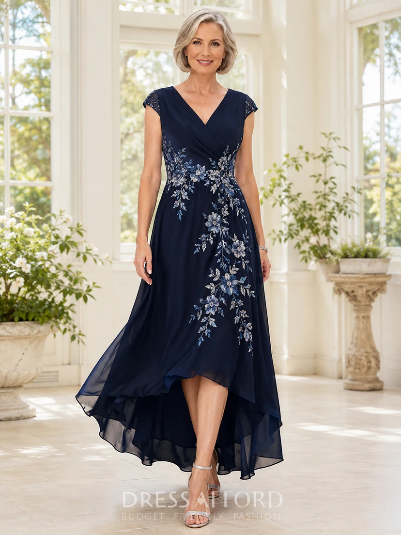 navy high low formal dress Dark High-Low A-Line Elegant Mother of the Bride Chiffon with V-Neck Cap Sleeves and Blue Floral Embroidery (202745) size-xs