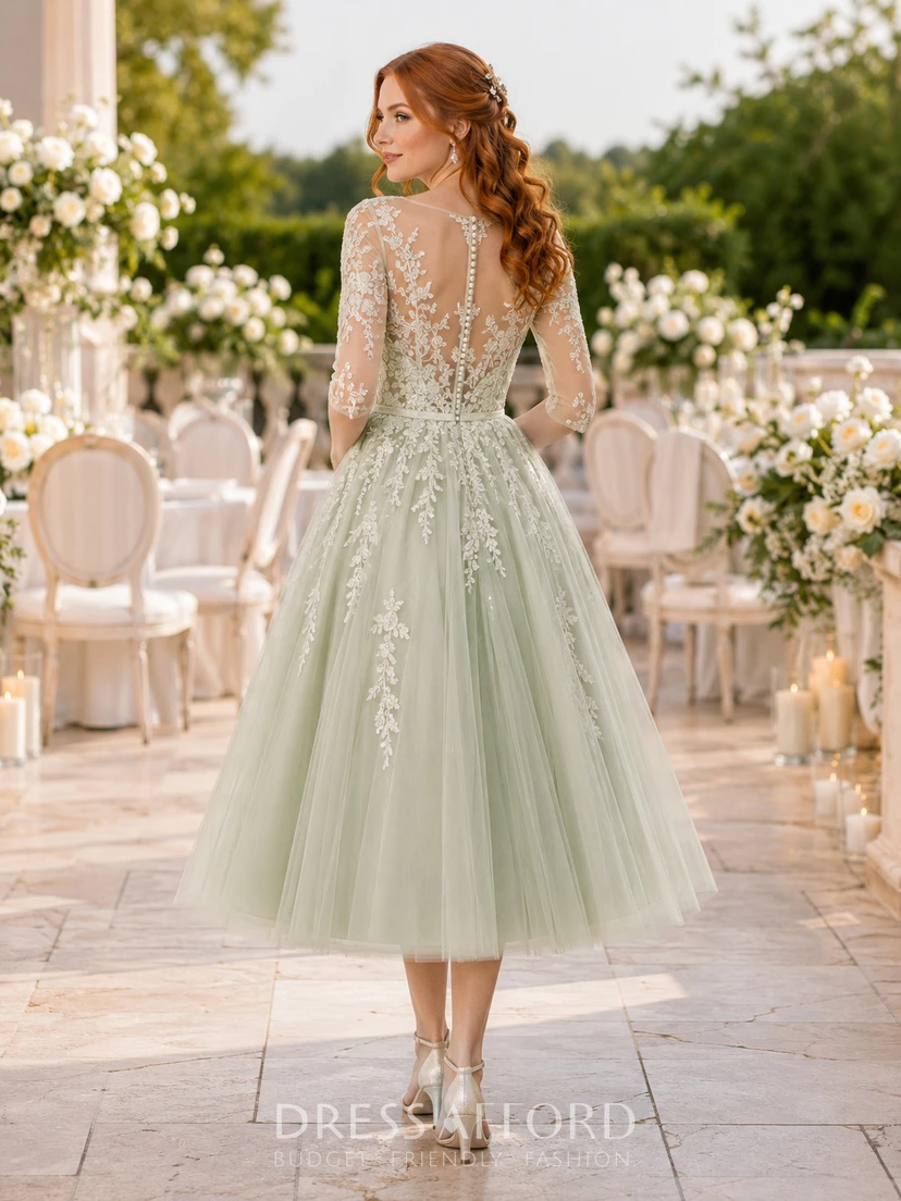quarter sleeve bridesmaid dresses celadon Green Modest Bateau Lace Three Tulle Tea Wedding Dress (726939) Worry Return