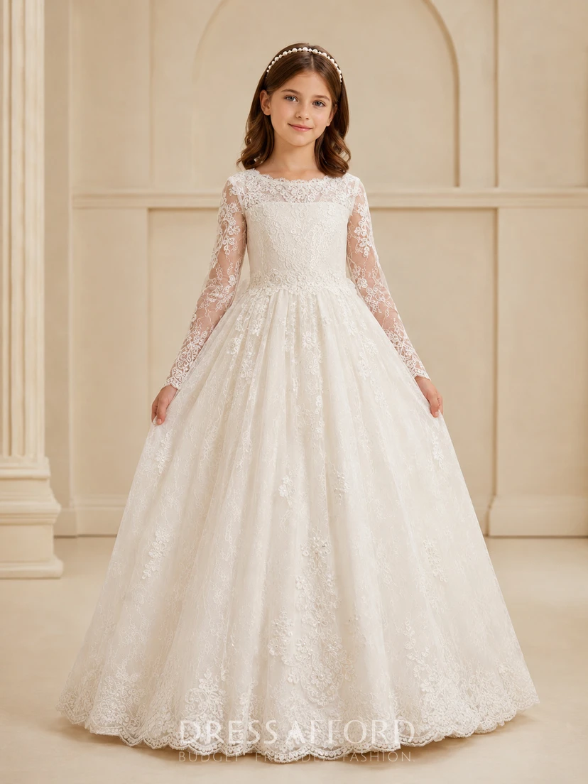Luxury Bateau Long Lace Sleeve Floor Length Communion Ball Gown