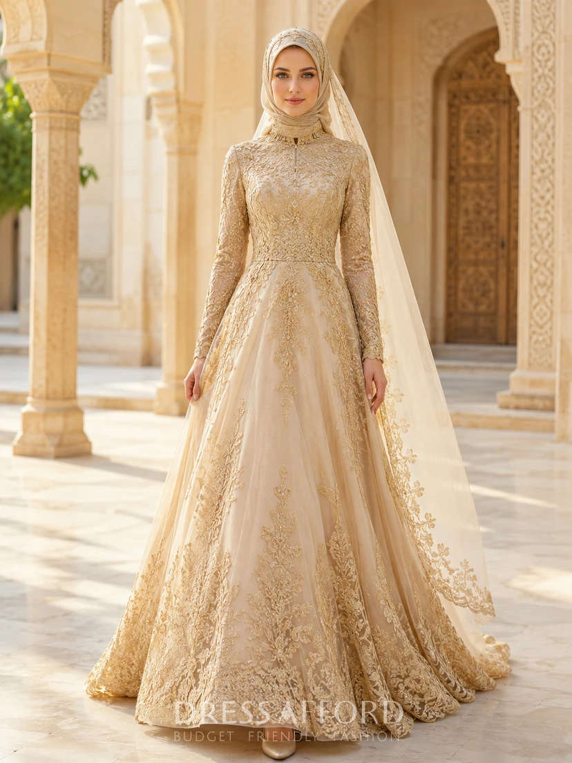 gold muslimah dress Champagne Muslim Lace Long Sleeve Chapel Wedding bridesmaid dresses muslimah malaysia