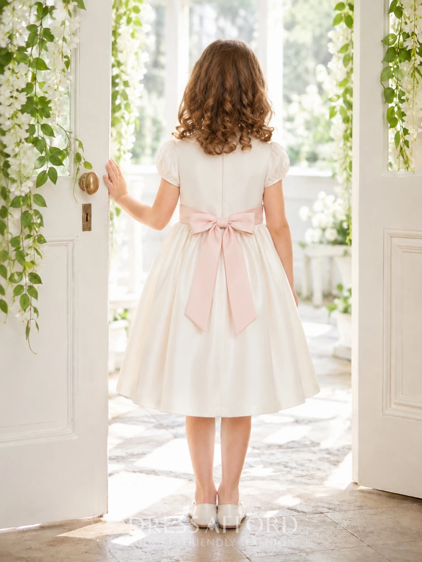 Ivory Satin A-Line Flower Girl Dress with Blush Bow Back and Tea-Length Skirt view 2